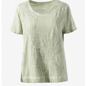 Chicos Tshirt Women Sm Zen Green Embossed‎ Floral Tee Casual Short Sleeve Cotton